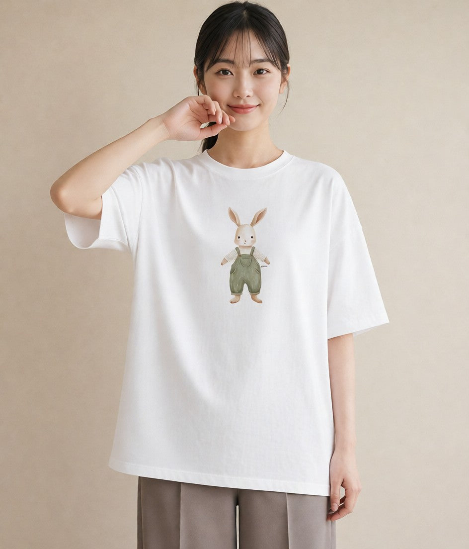 グラフィックTシャツ レディース ミニうさぎ ペット 動物 イラスト 手描き風 ビーチ デイリーウェア 白T YMAZO