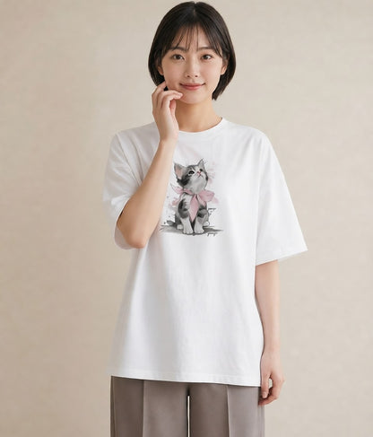 グラフィックTシャツ レディース サバトラ 猫 ねこ イラスト アート風 帰省 ラフ 白T YMAZO