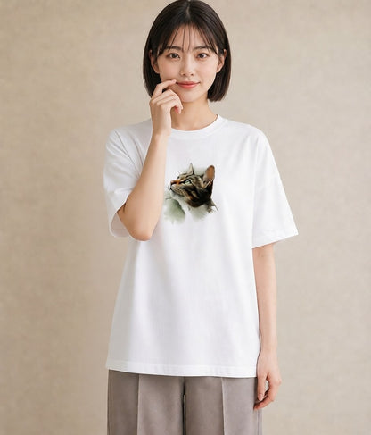 プリントTシャツ レディース 猫 ねこ イラスト 上品 おしゃれギフト 社会人 白T YMAZO