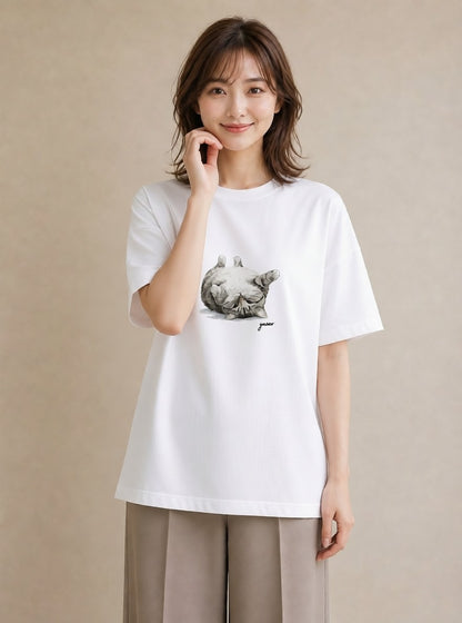 プリントTシャツ レディース ぶち猫 猫 ねこ イラスト ラフカジュアル 週末コーデ 敬老の日 白T YMAZO