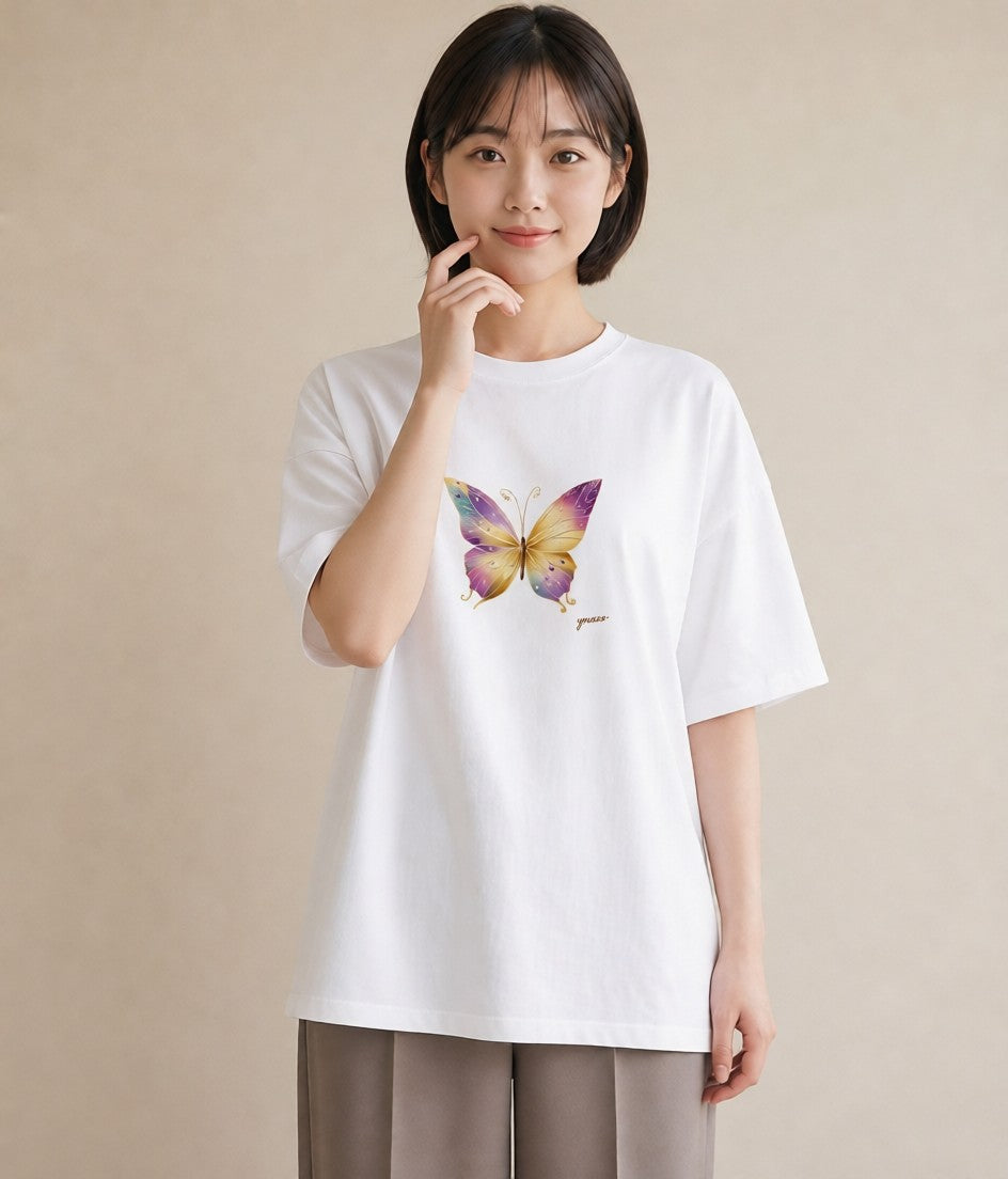 プリントTシャツ レディース ちょうちょ 蝶 バタフライ 昆虫 虫 イラスト きれいめ ホワイトデー 春服 白T YMAZO