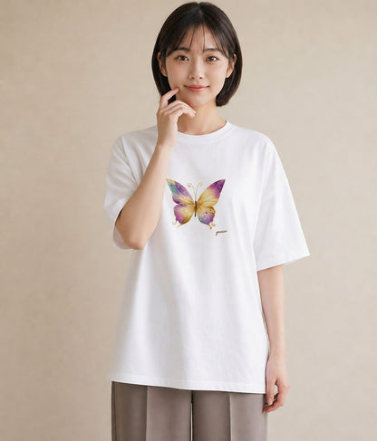 プリントTシャツ レディース ちょうちょ 蝶 バタフライ 昆虫 虫 イラスト きれいめ ホワイトデー 春服 白T YMAZO