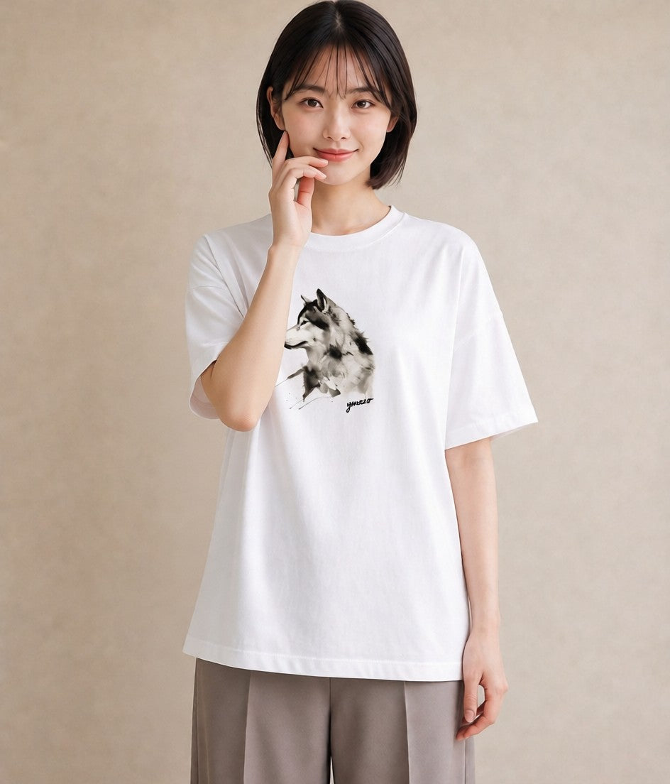 グラフィックTシャツ レディース シベリアンハスキー 犬 いぬ イラスト アート風 在宅 公園 白T YMAZO