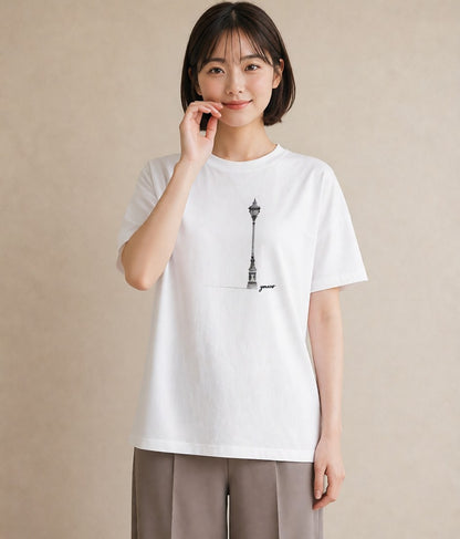 プリントTシャツ レディース 街灯 夜霧 夜 ナチュラル アンティーク イラスト ラフ 通勤 在宅 白T YMAZO