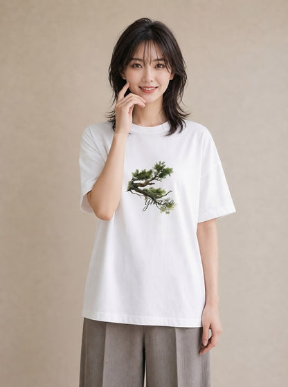 半袖Tシャツ レディース 盆栽 植物 ボタニカル イラスト 旅行コーデ ママ カフェ服 白T YMAZO