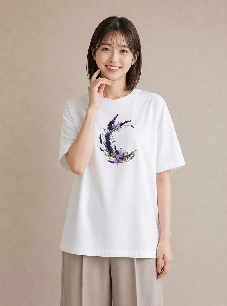 デザインTシャツ レディース ラベンダー 花 花柄 イラスト きれいめカジュアル ミセス 春コーデ 白T YMAZO