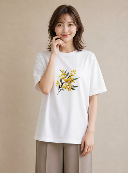 半袖Tシャツ レディース ミモザ 花 花柄 イラスト レトロ 誕生日プレゼント 綿100 白T YMAZO
