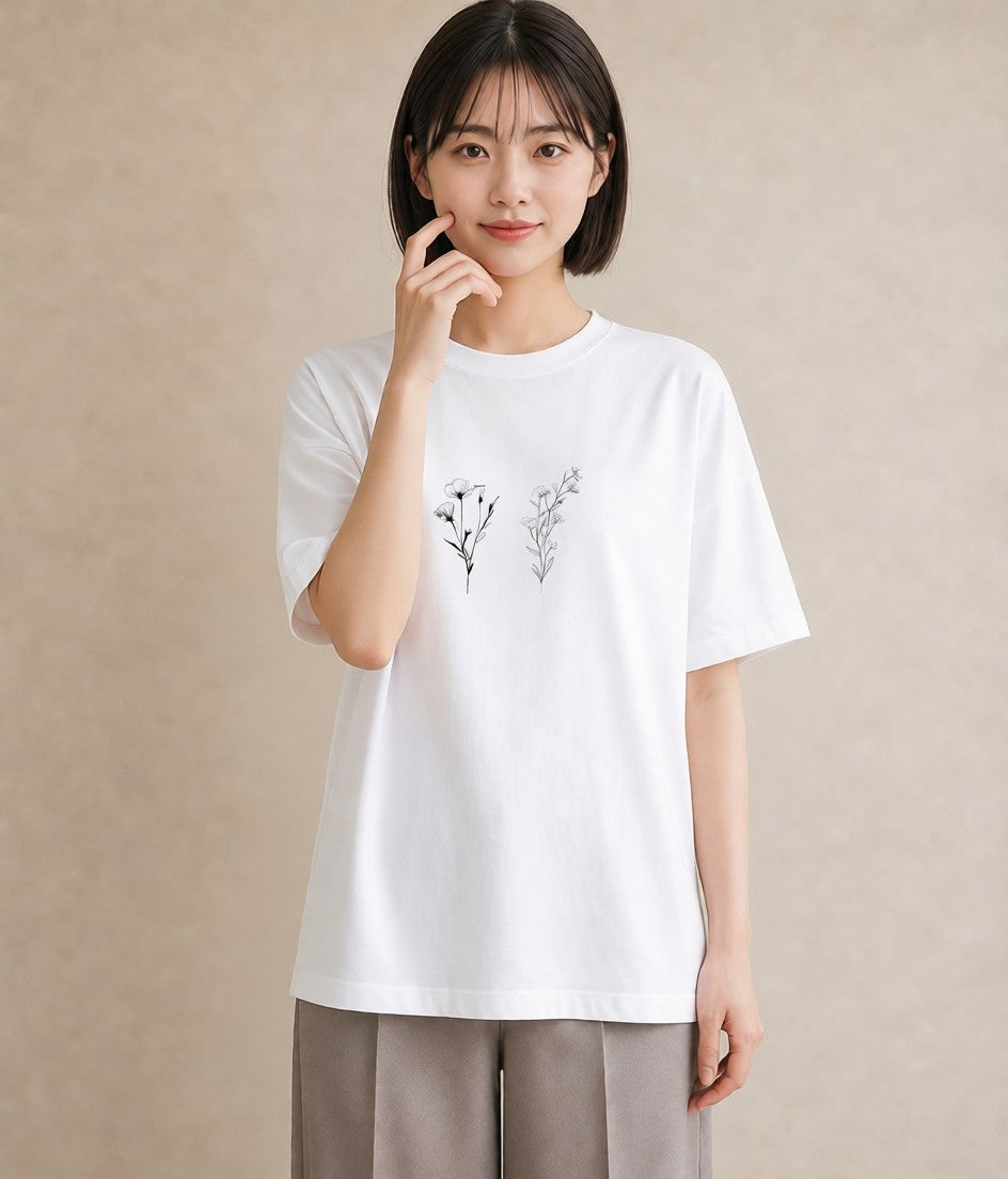 半袖Tシャツ レディース 小花 花 フラワー イラスト ガーリー 夏コーデ 通学 白T YMAZO