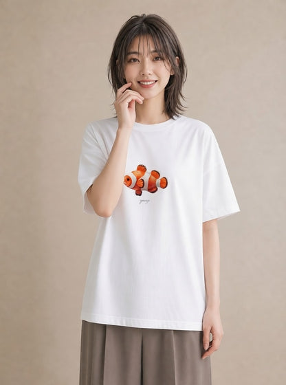 半袖Tシャツ レディース らんちゅう ペット 動物 イラスト 韓国風 カジュアルコーデ 買い物 白T YMAZO