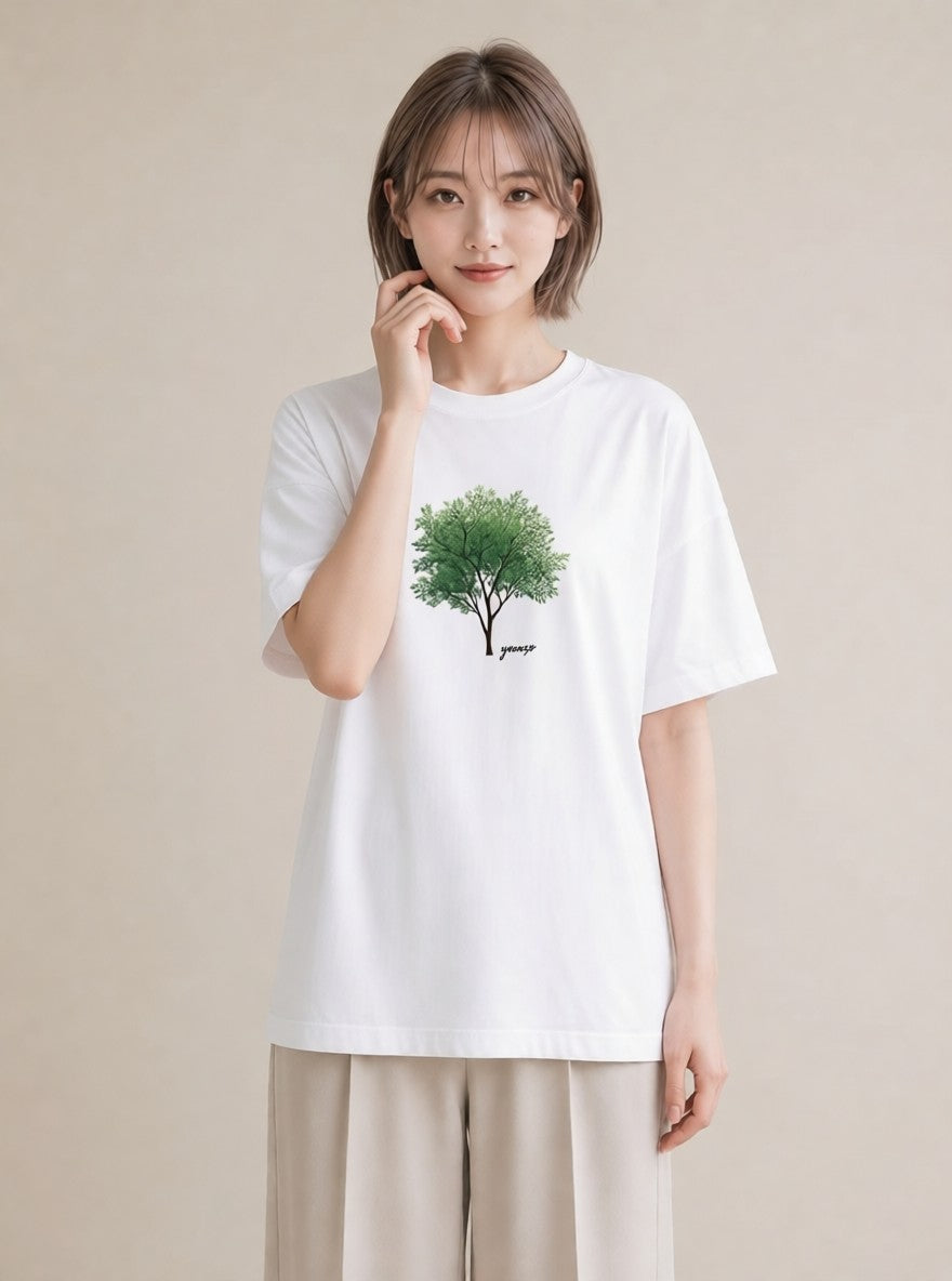プリントTシャツ レディース 木 植物 ボタニカル イラスト シンプル 綿100 デート 白T YMAZO