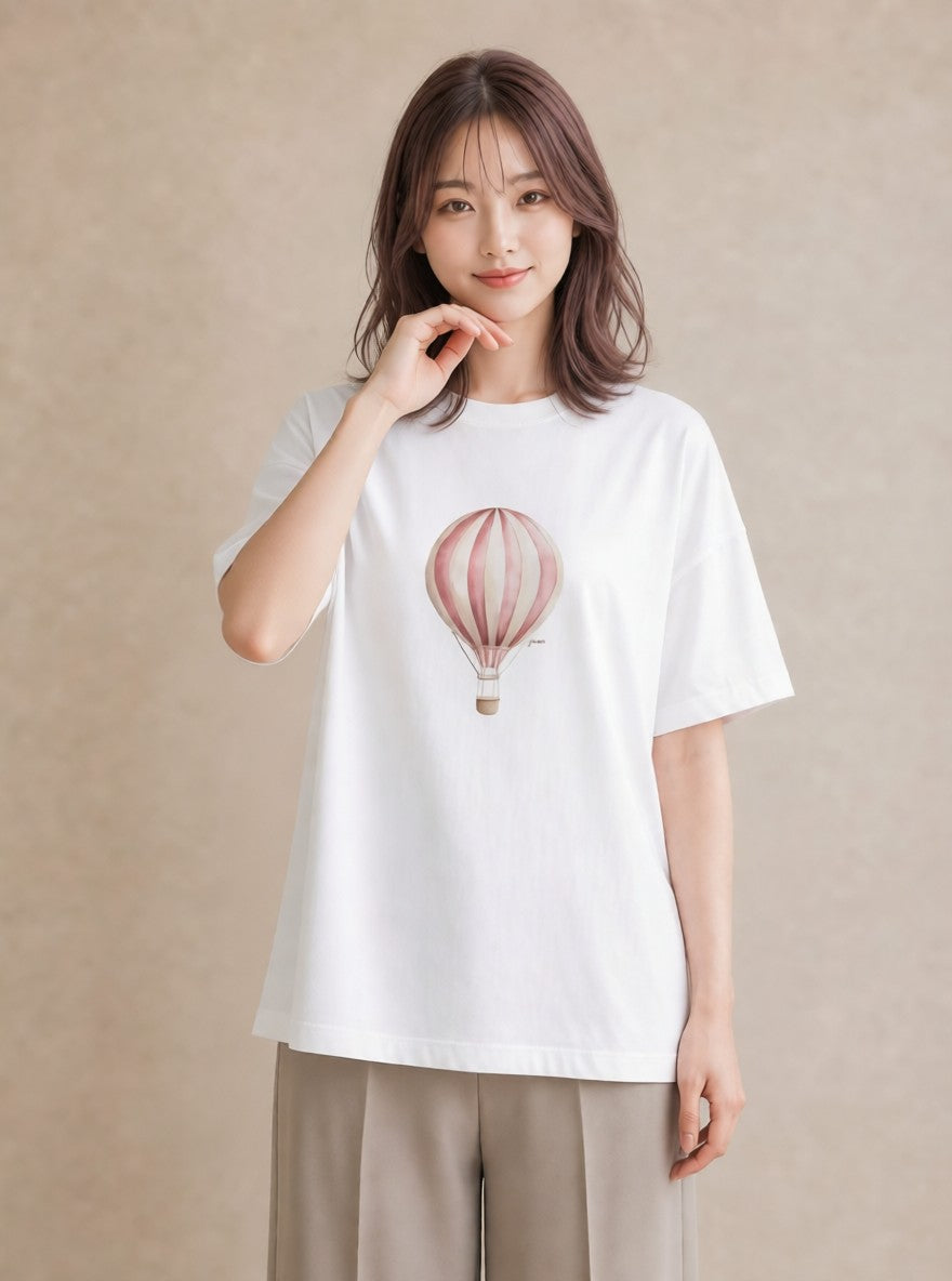プリントTシャツ レディース 紙風船 和紙 ナチュラル アンティーク イラスト ポップ 帰省 ラフ 白T YMAZO