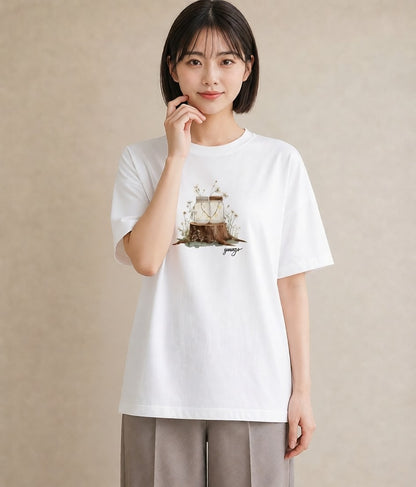 グラフィックTシャツ レディース 街灯 夜霧 夜 ナチュラル アンティーク イラスト ニュアンス 女性 旅行用 白T YMAZO