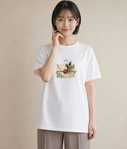 Tシャツ レディース 封蝋 手紙 アンティーク ナチュラル イラスト フェミニン カフェ巡り 女子会 白T YMAZO