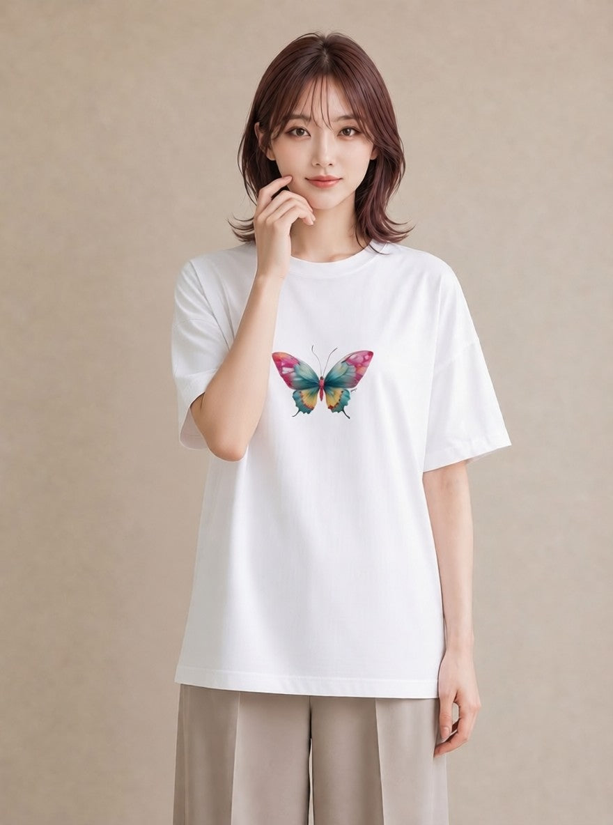 デザインTシャツ レディース ちょうちょ 蝶 バタフライ 昆虫 虫 イラスト シック ビーチ デイリーウェア 白T YMAZO