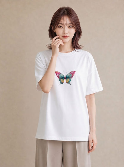 デザインTシャツ レディース ちょうちょ 蝶 バタフライ 昆虫 虫 イラスト シック ビーチ デイリーウェア 白T YMAZO