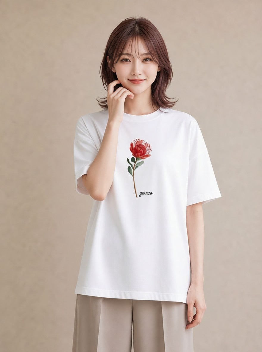 半袖Tシャツ レディース ポスト 野の花 レトロ ナチュラル アンティーク イラスト 上品 休日 ペアコーデ 白T YMAZO