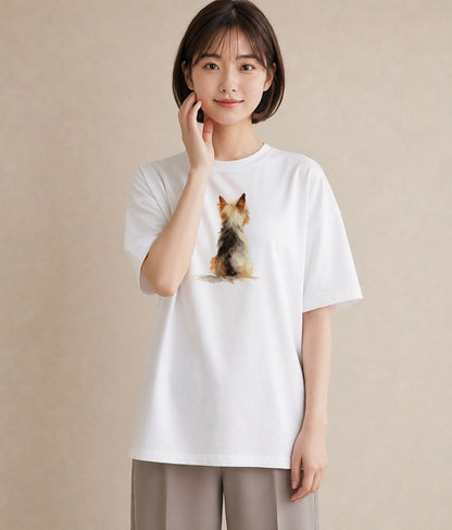 グラフィックTシャツ レディース ヨークシャーテリア 犬 いぬ イラスト 上品 通勤 在宅 白T YMAZO