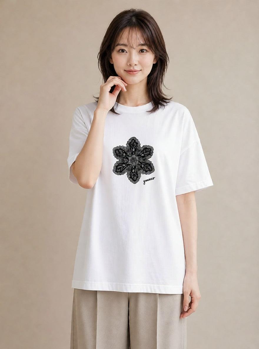 デザインTシャツ レディース レースハンカチ レース ハンカチ ナチュラル アンティーク イラスト 北欧風 女性 旅行用 白T YMAZO