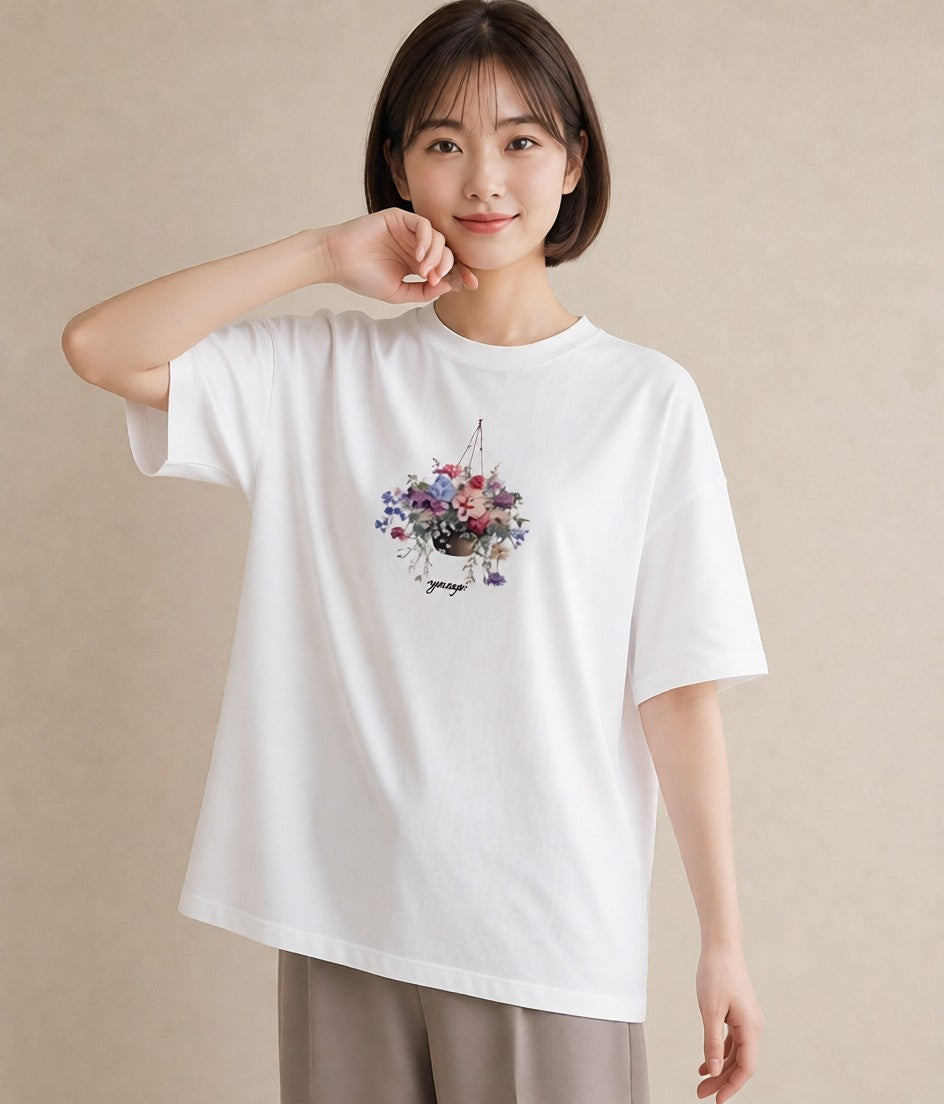 半袖Tシャツ レディース 自転車のかご 自転車 花かご ナチュラル アンティーク イラスト きれいめカジュアル ビーチ デイリーウェア 白T YMAZO
