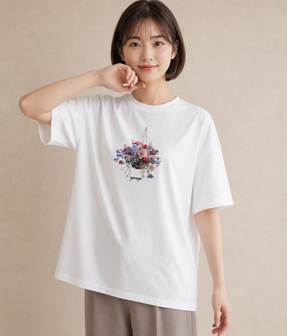 半袖Tシャツ レディース 自転車のかご 自転車 花かご ナチュラル アンティーク イラスト きれいめカジュアル ビーチ デイリーウェア 白T YMAZO