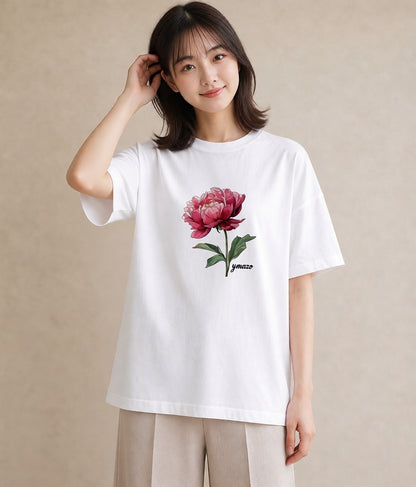 プリントTシャツ レディース 牡丹 花 花柄 イラスト 休日コーデ 部屋着 女性向けギフト 白T