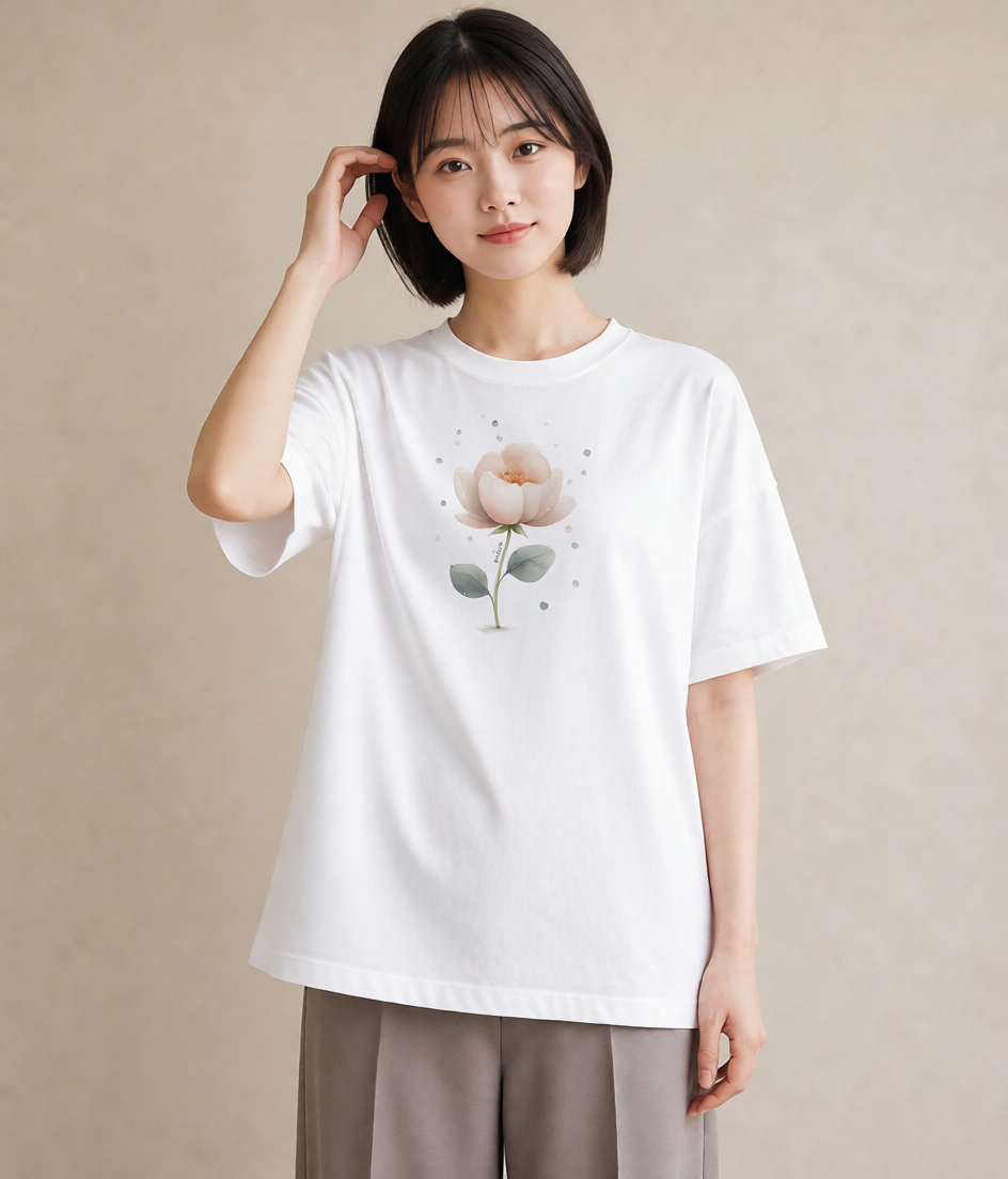 半袖Tシャツ レディース 蓮 花 花柄 イラスト 淡色 旅行用 海 白T YMAZO