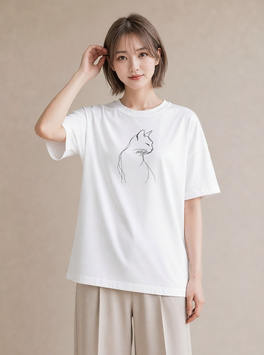 半袖Tシャツ レディース 猫 ねこ ネコ イラスト 淡色 社会人 女性 白T YMAZO