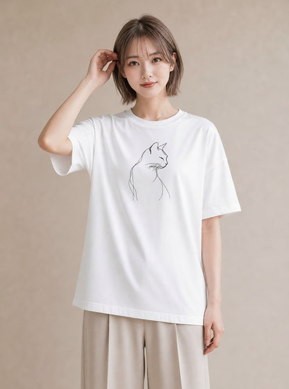 半袖Tシャツ レディース 猫 ねこ ネコ イラスト 淡色 社会人 女性 白T YMAZO