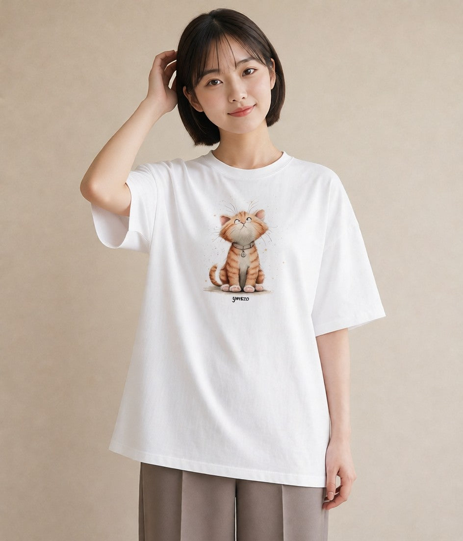 プリントTシャツ レディース おすわり猫 猫 ねこ イラスト ラフ 普段着 週末コーデ 白T YMAZO