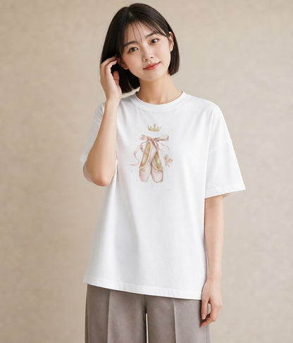 Tシャツ レディース バレエシューズ バレエ トウシューズ ナチュラル アンティーク イラスト ゆるコーデ 通学 誕生日プレゼント 白T YMAZO
