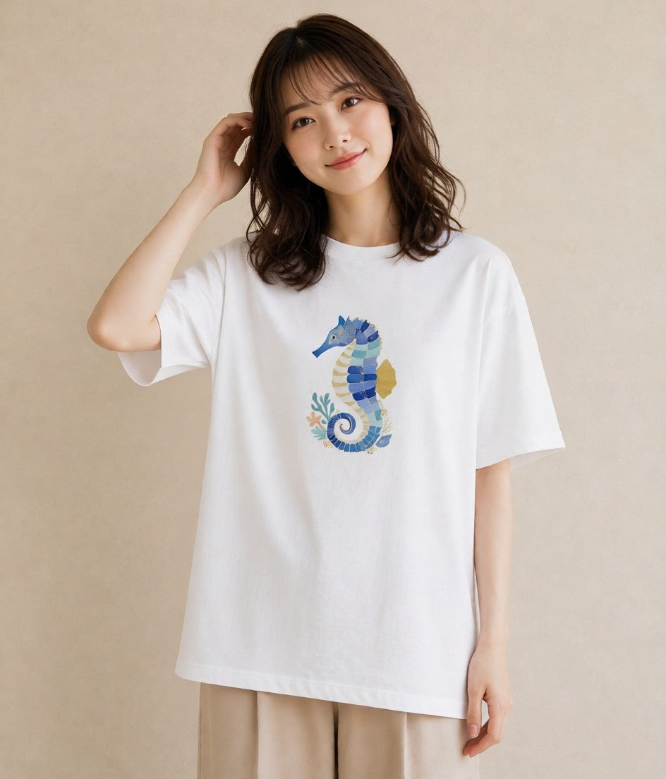 半袖Tシャツ レディース タツノオトシゴ 海の生き物 海 イラスト ミニマル お揃い 親子 白T YMAZO