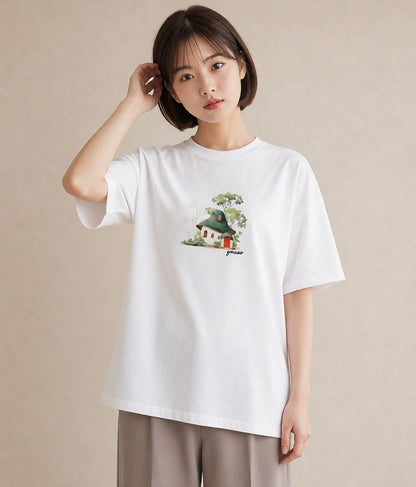デザインTシャツ レディース 湖畔の小屋 湖 小屋 ナチュラル アンティーク イラスト ガーリー 海 カフェ巡り 白T YMAZO