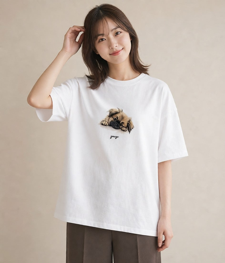 グラフィックTシャツ レディース 狆 犬 いぬ イラスト 普段使い デート 帰省 白T YMAZO