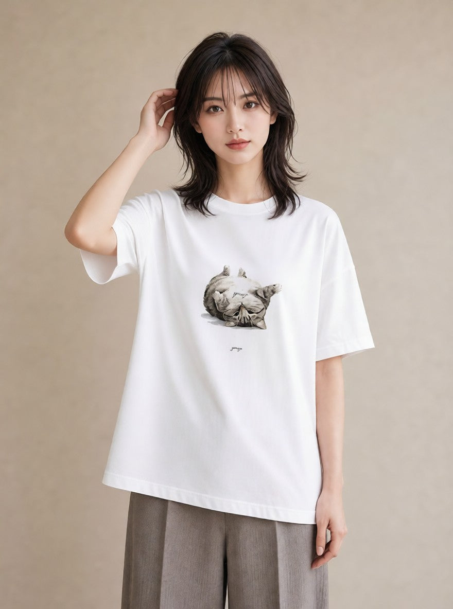 プリントTシャツ レディース 白猫 猫 ねこ イラスト アート風 母の日 ビーチ 白T YMAZO