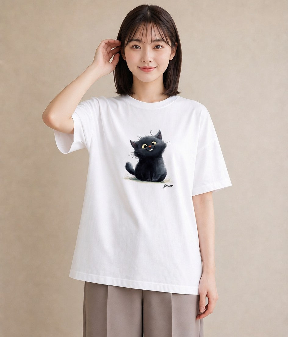 半袖Tシャツ レディース 黒猫 猫 ねこ イラスト アート風 普段着 週末コーデ 白T YMAZO
