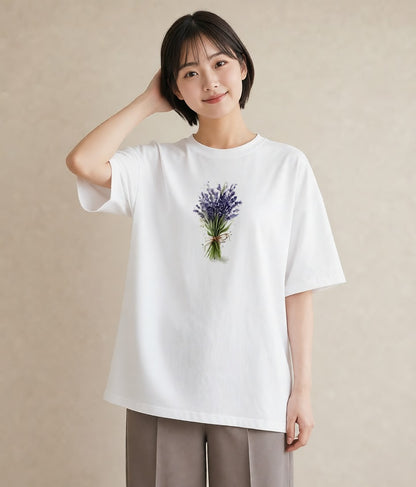 半袖Tシャツ レディース ラベンダー 花 花柄 イラスト フェミニン デート 帰省 白T YMAZO
