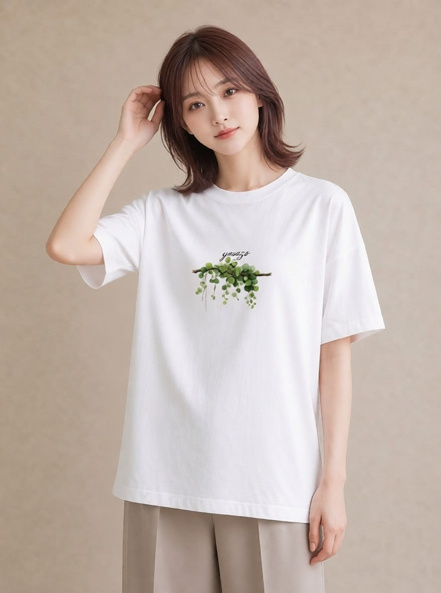 半袖Tシャツ レディース 苔 植物 ボタニカル イラスト モード カジュアルコーデ 買い物 白T YMAZO