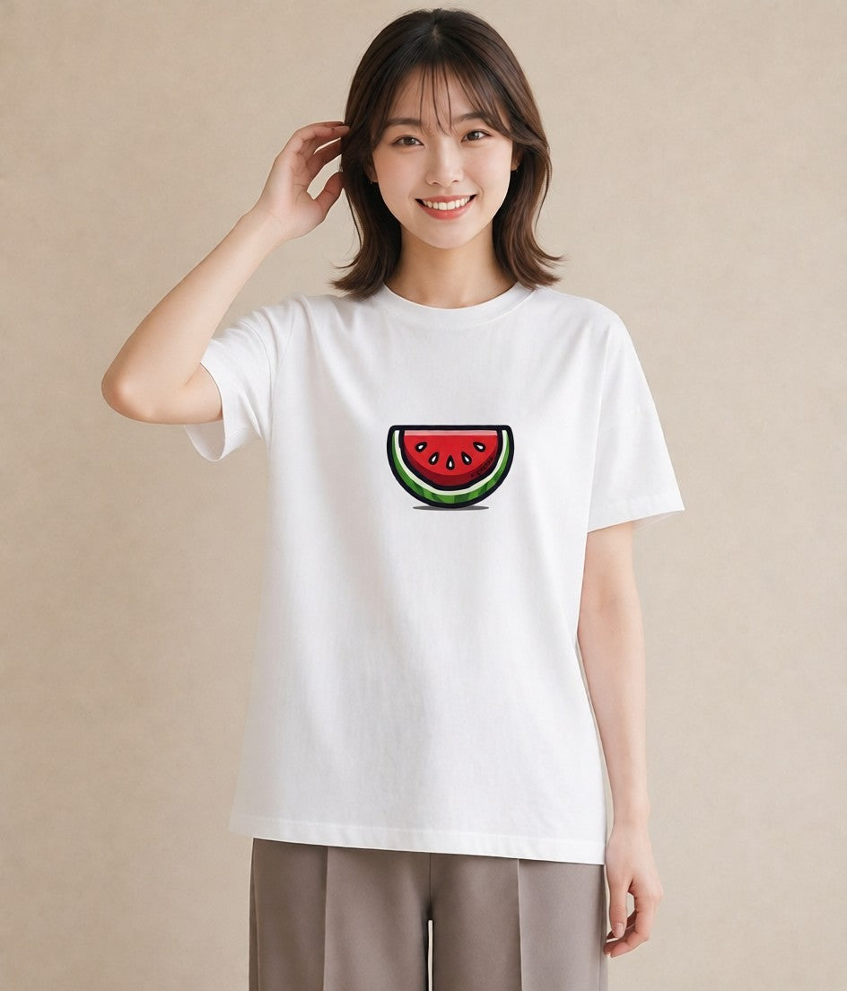 半袖Tシャツ レディース すいか 食べ物 フード イラスト 淡色 ギフト 母の日 白T YMAZO