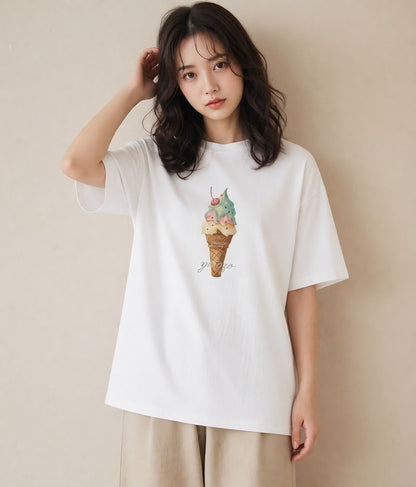 プリントTシャツ レディース キャンディ 食べ物 フード イラスト 上品 普段着 週末コーデ 白T YMAZO