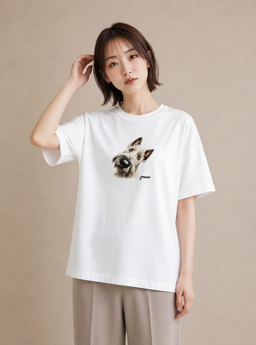 デザインTシャツ レディース ミニチュアシュナウザー 犬 いぬ イラスト 淡色 通勤 在宅 白T YMAZO