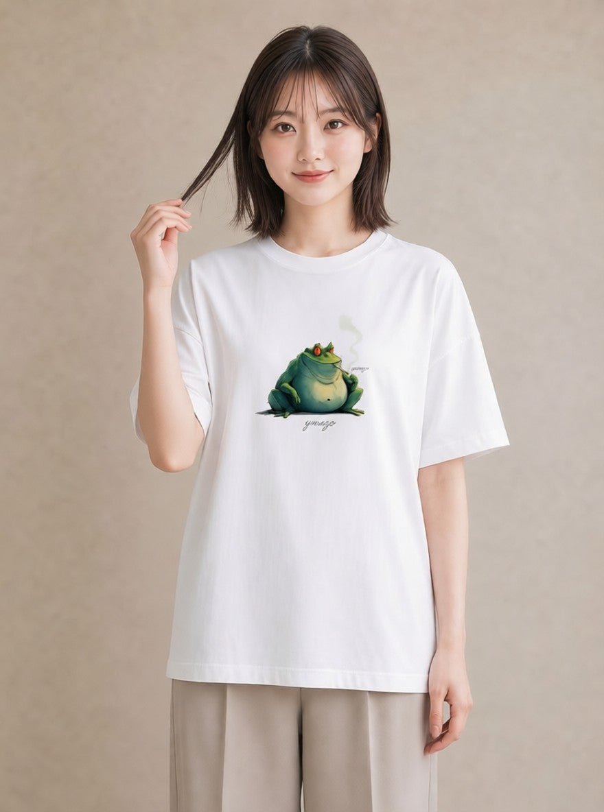 デザインTシャツ レディース カエル ペット 動物 イラスト 普段使い カフェ巡り 女子会 白T YMAZO