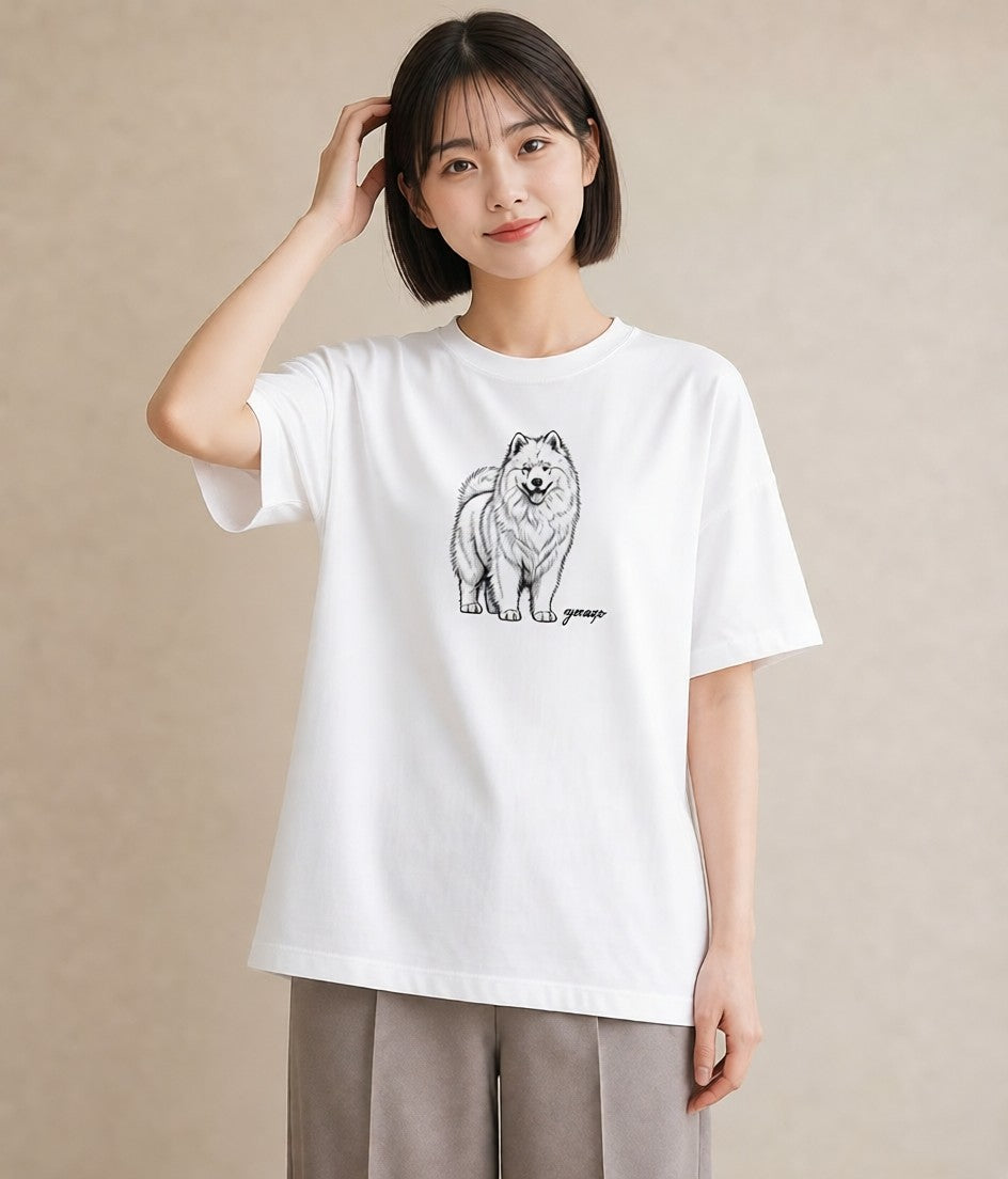 デザインTシャツ レディース サモエド 犬 いぬ イラスト きれいめカジュアル 夏コーデ 通学 白T YMAZO