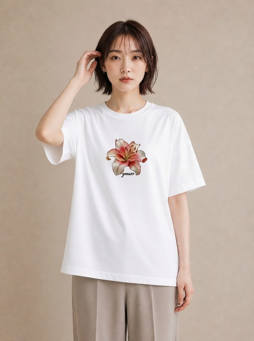 Tシャツ レディース ゆり 百合 花 花柄 イラスト モード 帰省 ラフ 白T YMAZO