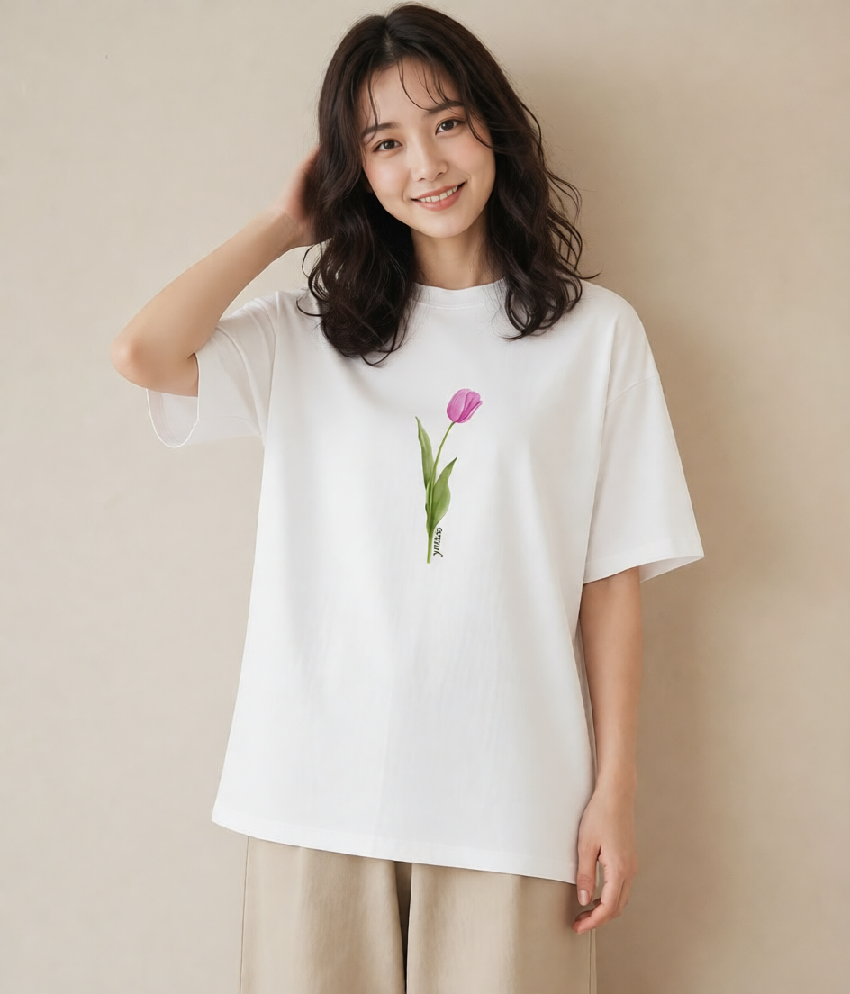 半袖Tシャツ レディース チューリップ 花 花柄 イラスト 線画 買い物 夏コーデ 白T