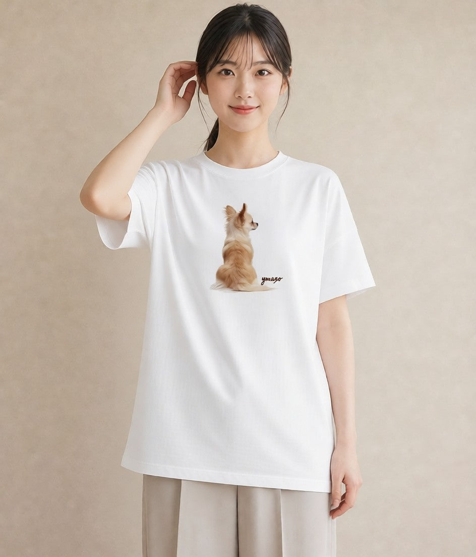 グラフィックTシャツ レディース ロングコートチワワ 犬 いぬ イラスト ミニマル 部屋着 女性向けギフト 白T YMAZO