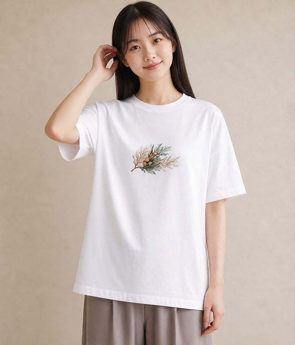 半袖Tシャツ レディース 松ぼっくり 植物 ボタニカル イラスト 春服 ミセス 白T YMAZO