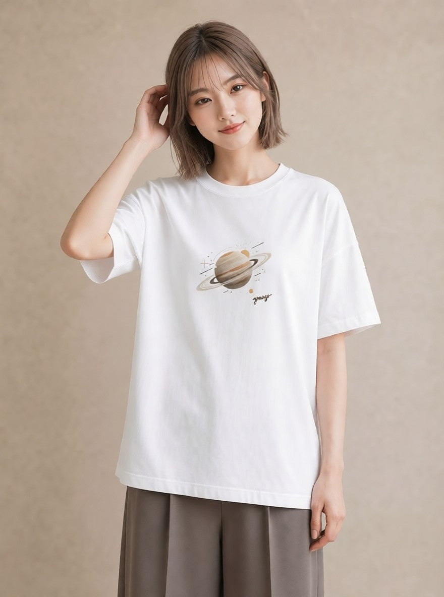 グラフィックTシャツ レディース 土星 星空 宇宙 イラスト 北欧風 週末コーデ 敬老の日 白T YMAZO