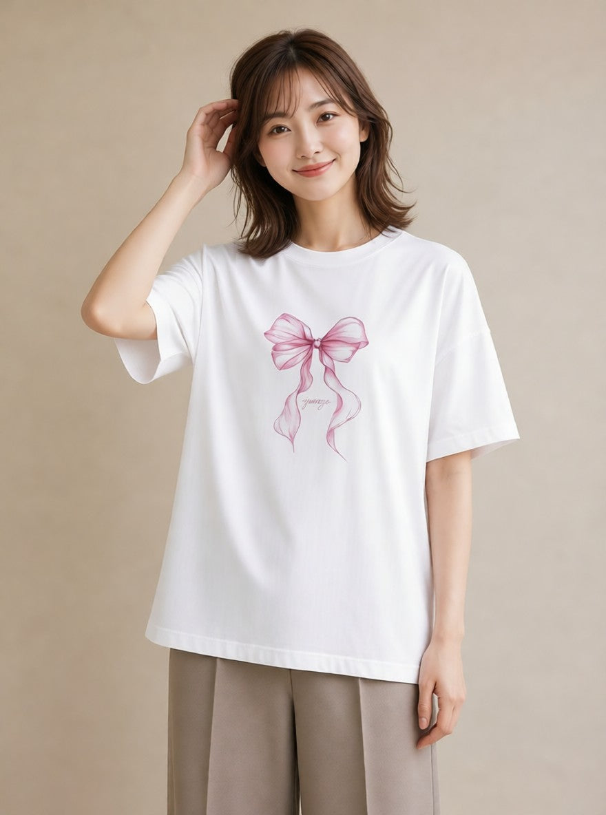 半袖Tシャツ レディース リボン 蝶結び ナチュラル アンティーク イラスト 普段使い 在宅 公園 白T YMAZO