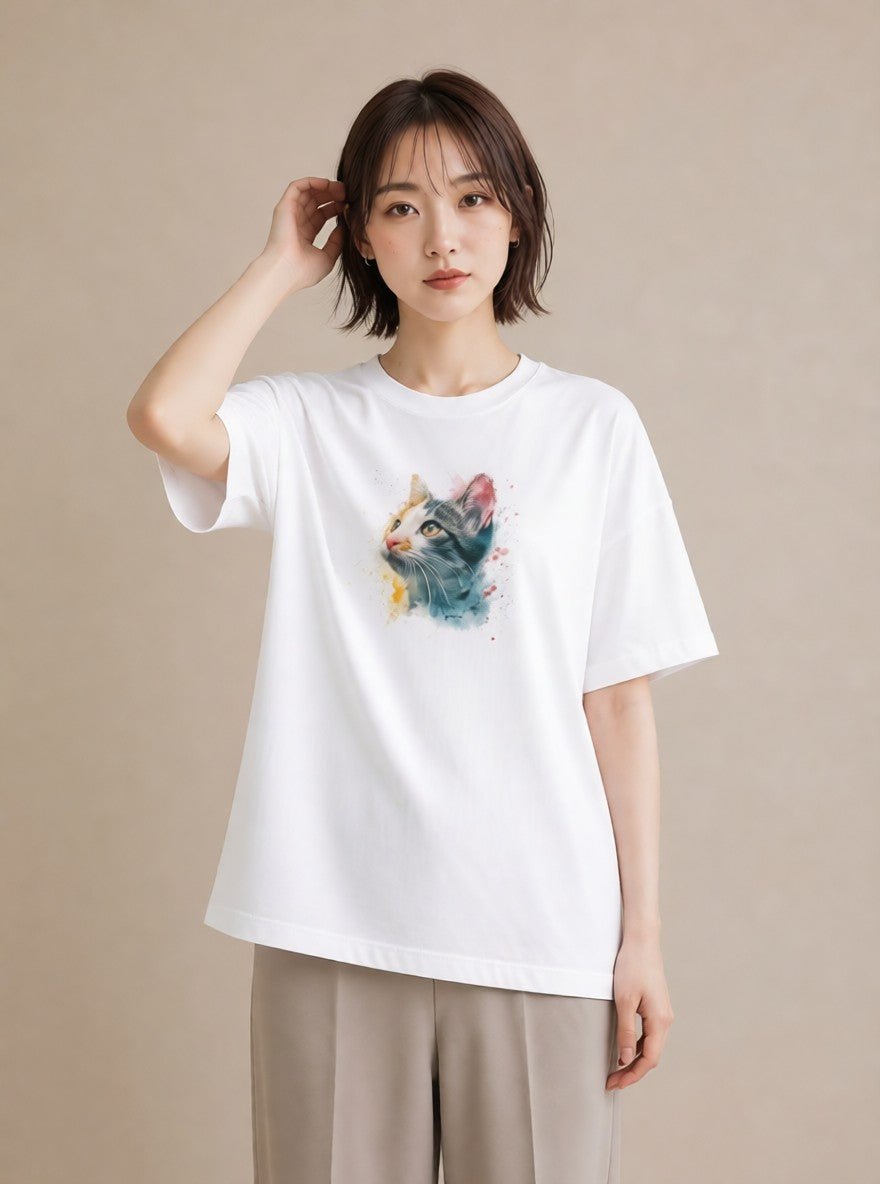 プリントTシャツ レディース ロシアンブルー 猫 ねこ イラスト ビーチ デイリーウェア 白T YMAZO