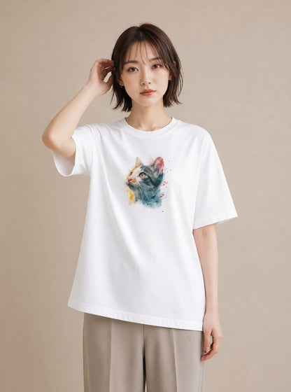 プリントTシャツ レディース ロシアンブルー 猫 ねこ イラスト ビーチ デイリーウェア 白T YMAZO